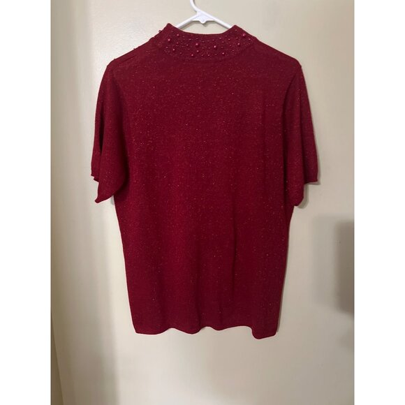 Susan Graver Red Beaded Short Sleeve Sweater & Open Cardigan Set L Acrylic Blend - Picture 2 of 15